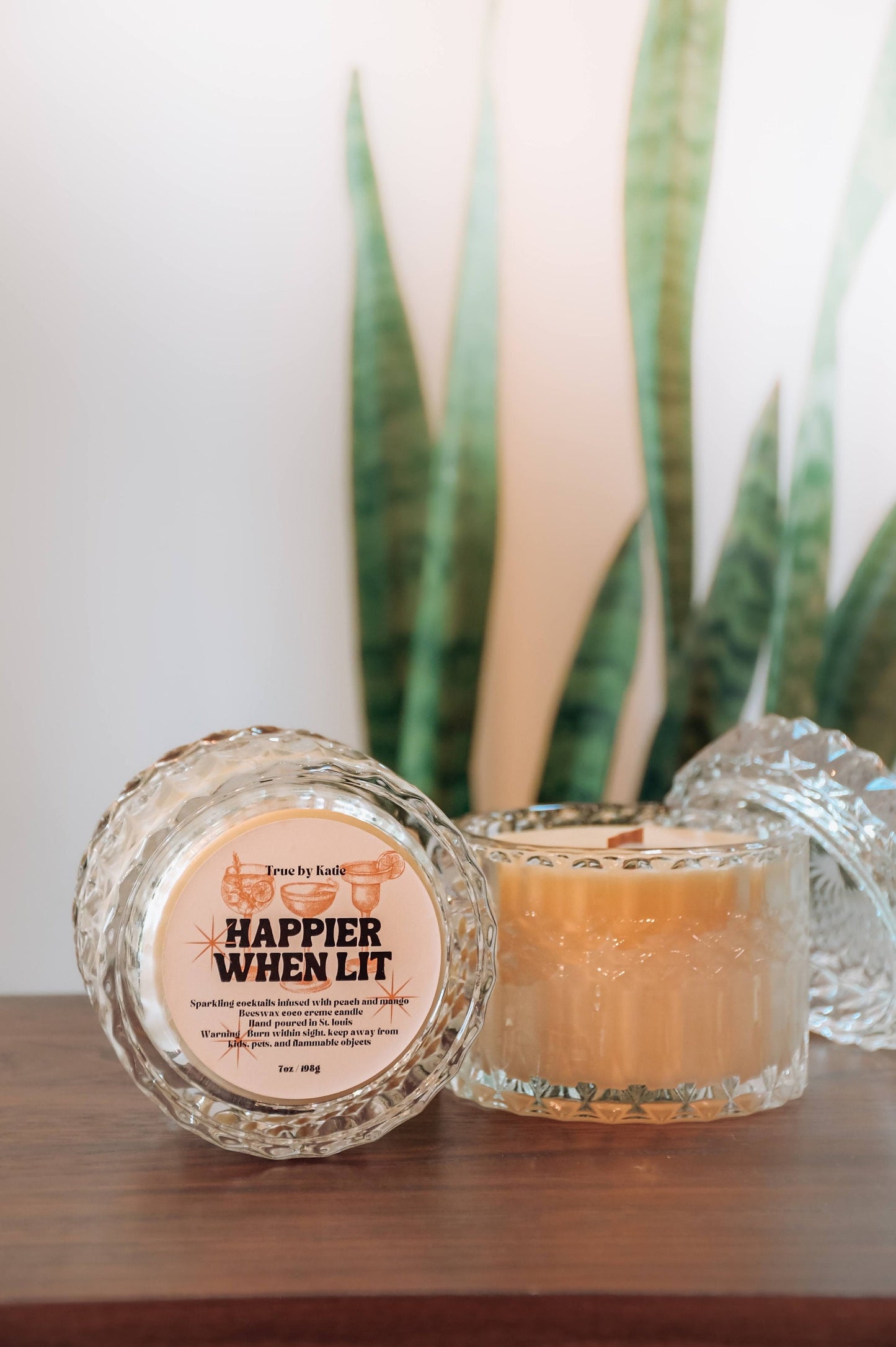 Happier When Lit | Beeswax Candle | Wood Wick | 7oz Luxury Glass Jar + Lid | Non-Toxic Scented Candle | Peach Mango Scent