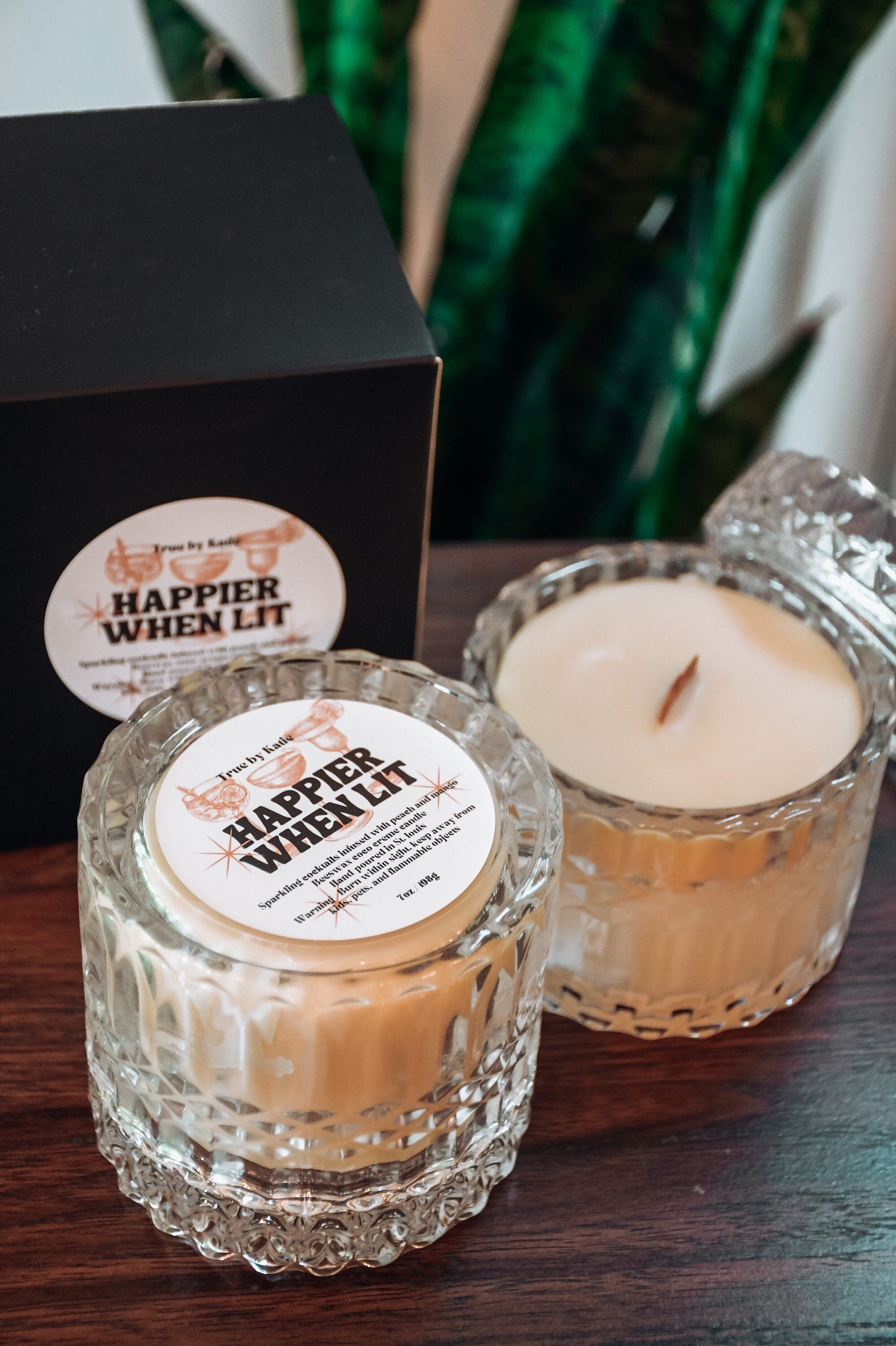 Happier When Lit | Beeswax Candle | Wood Wick | 7oz Luxury Glass Jar + Lid | Non-Toxic Scented Candle | Peach Mango Scent