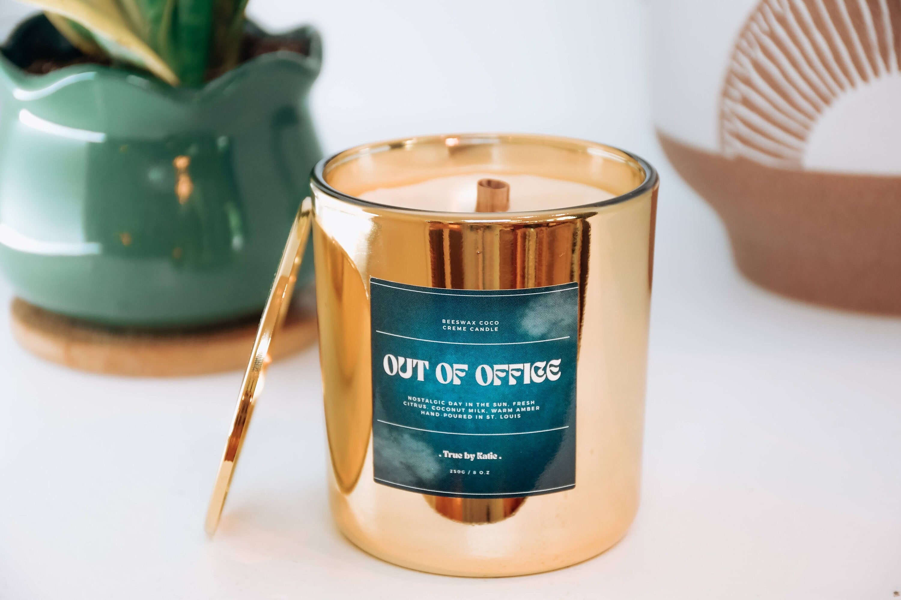 Out of Office | Beeswax Candle | Wood Wick | 8oz Glass Jar + Tin Lid | Non-Toxic Scented Candle | Beach and Coconut Scent