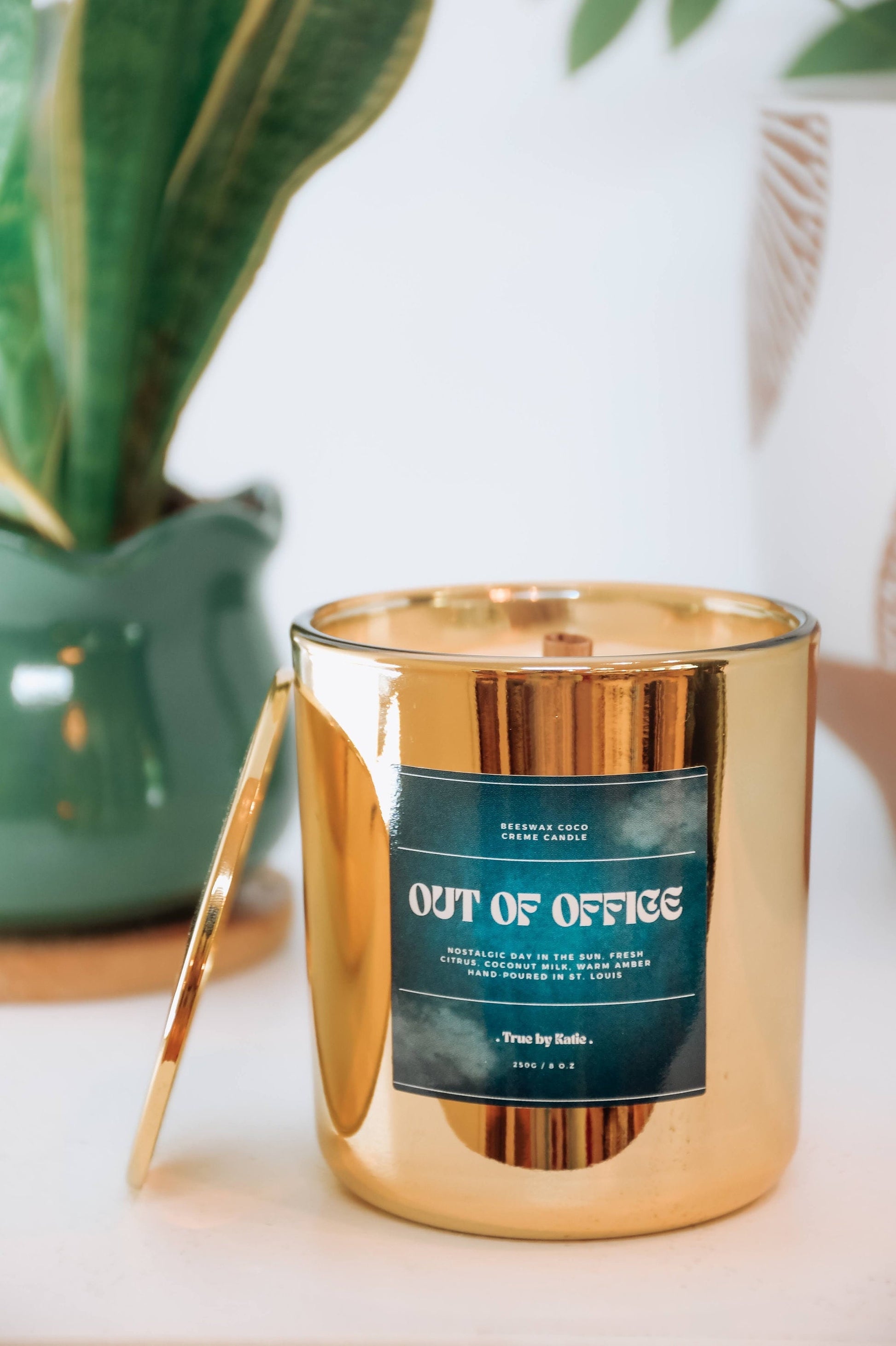 Out of Office | Beeswax Candle | Wood Wick | 8oz Glass Jar + Tin Lid | Non-Toxic Scented Candle | Beach and Coconut Scent